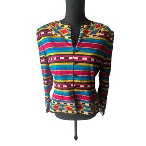 Adrianna Papell 100% Silk Colorful Striped Blazer – Button Down, Shoulder Pads